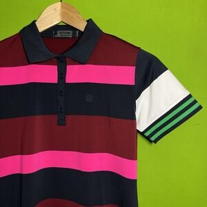G/Fore Mixed Stripe Polo Pink Navy Blue Top Womens Golf Shirt